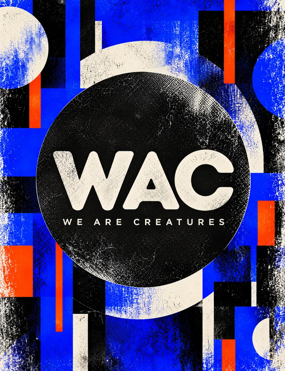 Póster de marca WAC en una pantalla de televisor antiguo: el logo We Are Creatures dentro de un círculo negro sobre formas geométricas azules, negras, crema y naranja