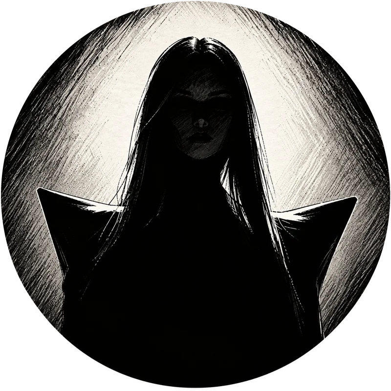 Ilustración en blanco y negro de una criatura de pelo largo y hombreras en punta, dentro de un círculo
